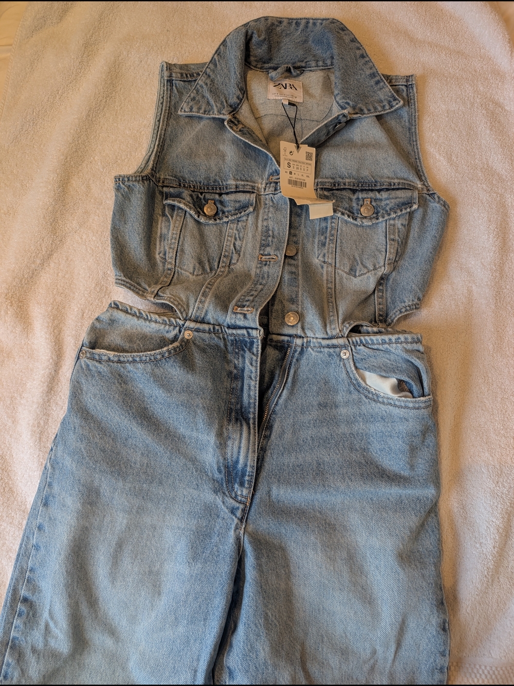Zara Light Wash Denim Cut Out Jumpsuit Distressed Wide Leg Romper Overalls S
